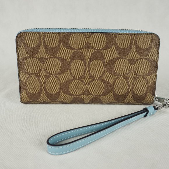Coach Wallet Long Zip Around Signature Canvas Leather Khaki Waterfall Blue C4452 - Picture 5 of 10